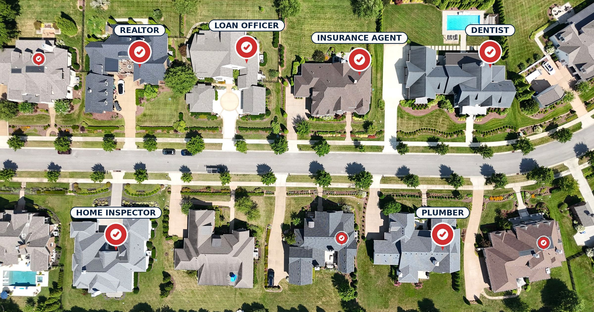 Aerial map of a neighborhood with its license-verified realtor, loan officer, insurance agent, home inspector, plumber, and dentist marked